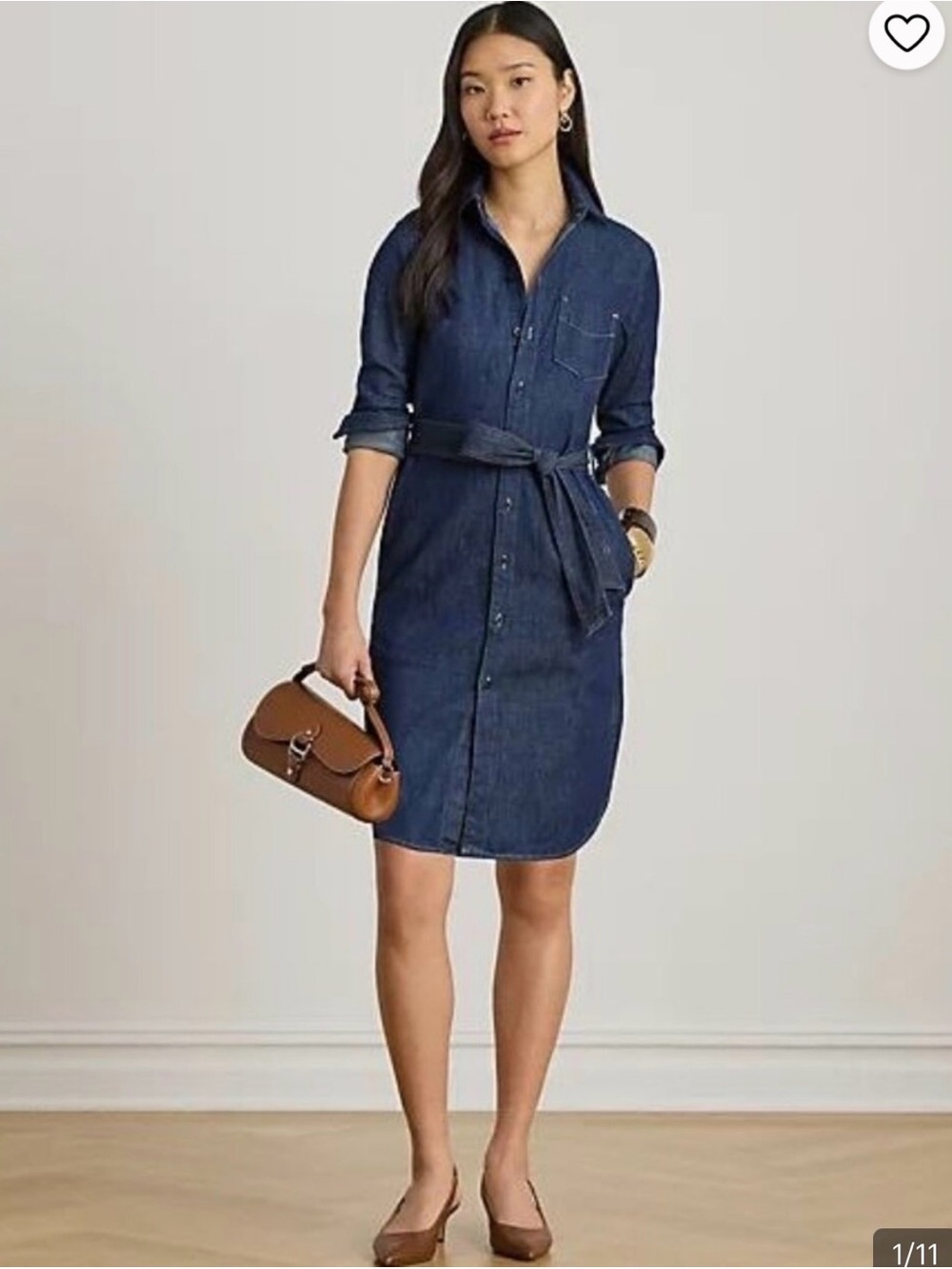 100% cotton.  Lauren Ralph Lauren Indigo Denim Shirt Dress with Tie Belt